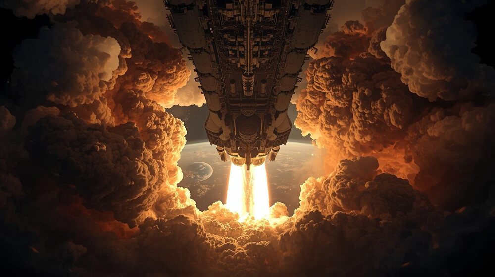 sous la forme d'un court rapport journalistique un texte concis qui décrit les vrombissements et les grondements surpuissants des moteurs atomiques à fusion nucléaire d'un vaisseau-amiral interplanétaire q.jpg