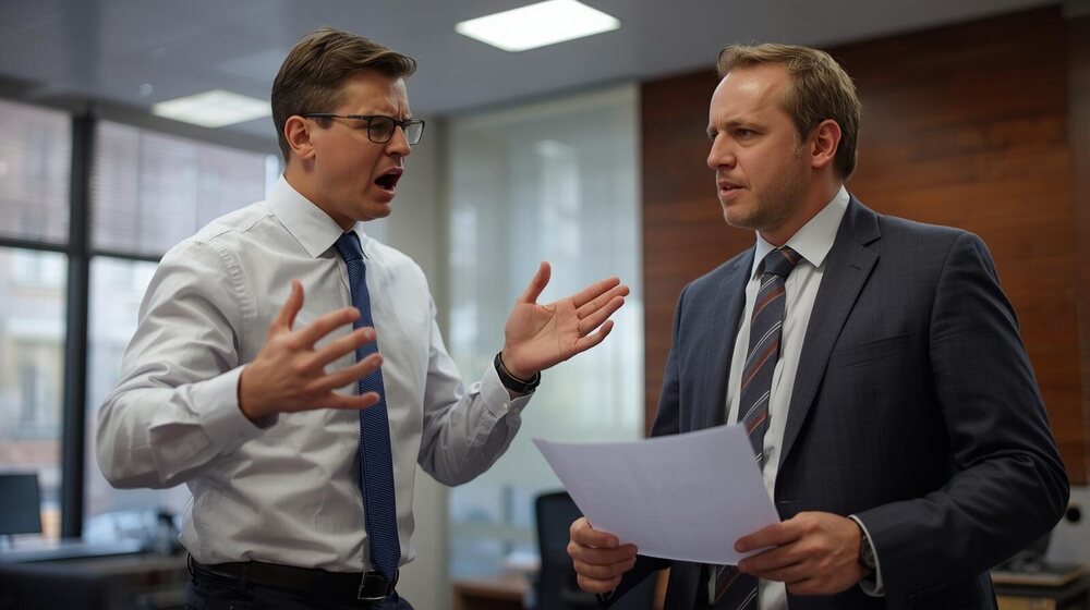 Chef d'entreprise essayant d'expliquer la situation à un ministre qui ne comprends pas le sujet dont il est question..jpg