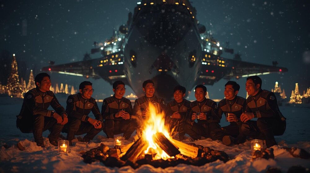 autour d'un grand feu de camp au pied du vaisseau-amiral  l'équipage du vaisseau- amiral interstellaire fête la nuit de Noël (1).jpg